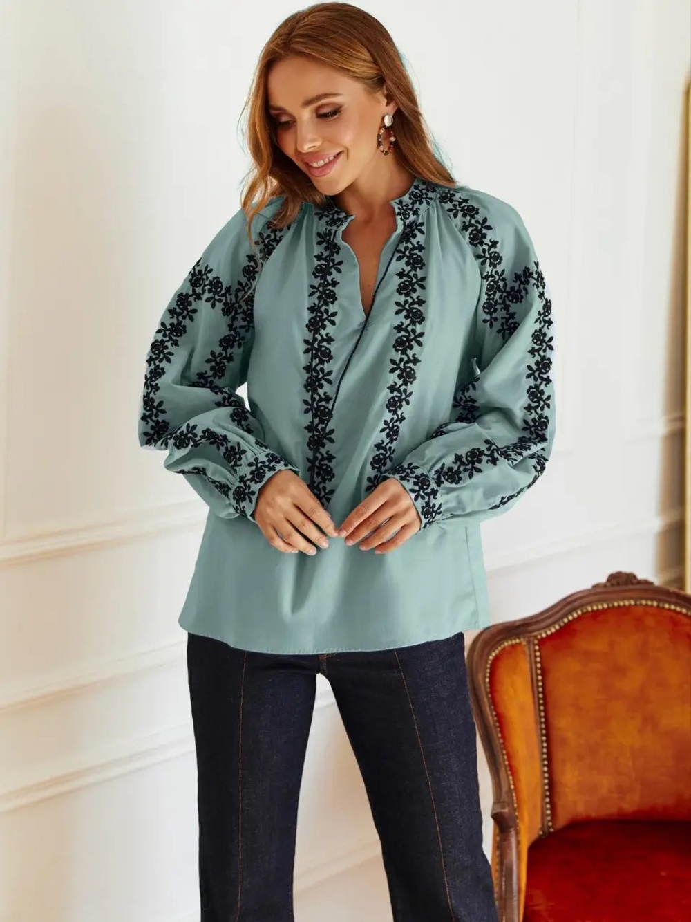ESQ Türkiye V-Neck Embroidered Boho Peasant Tassel Blouse Medium